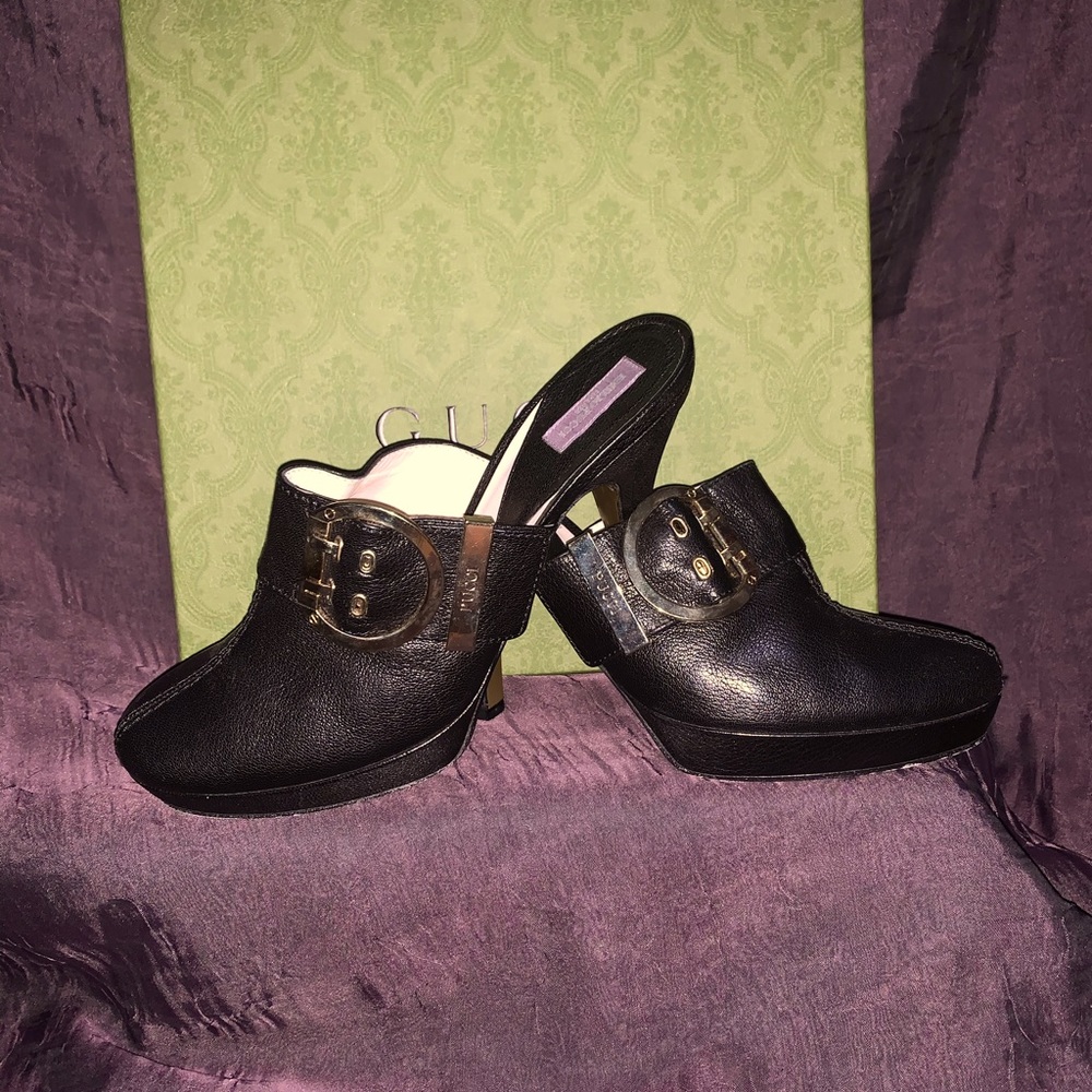 “DONATED” Emilio Pucci, Black Leather Platform High Heeled Mules, Sz 40, EUC